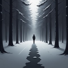 dark forest with a big road, winter landscape with snow and trees in the background. vector illustration. dark forest with a big road, winter landscape with snow and trees in the background. vector il - obrazy, fototapety, plakaty
