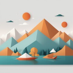 mountain landscape, lake and mountains. vector illustration. mountain landscape, lake and mountains. vector illustration. 3D render landscape scene. mountain landscape, lake and mountains, forest and 