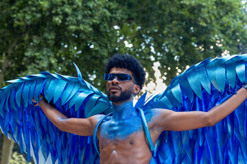 Man LGTBIQ+ in blue winged pride display