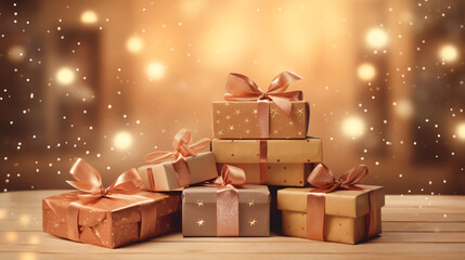 Heap of wrapped gift boxes on wooden table. Happy holiday - obrazy, fototapety, plakaty