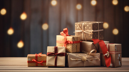 Heap of wrapped gift boxes on wooden table. Happy holiday - obrazy, fototapety, plakaty