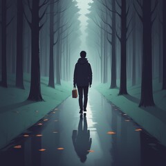 silhouette of man with backpack in the forest. silhouette of man with backpack in the forest. a man walking along the path through the forest. a man is walking along a road through a forest.