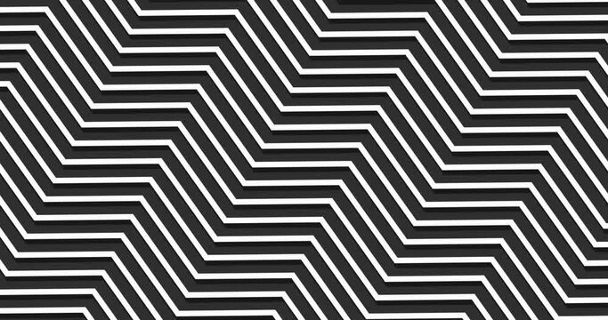 Black and white zig-zag lines pattern moving diagonally, seamless looped animated motion graphics background.