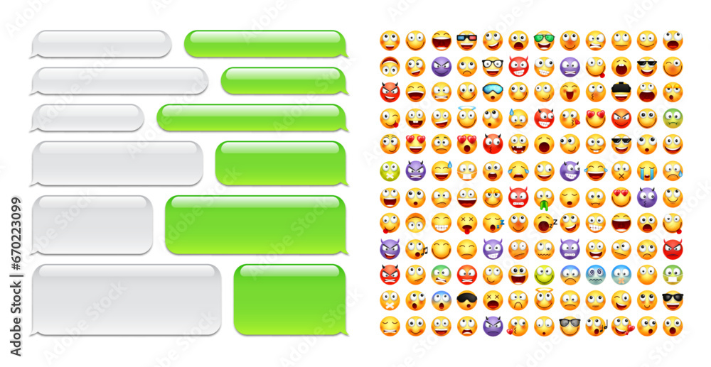 Poster blank message bubbles with emoji. green chat or messenger speech bubble. sms text frame. short messa