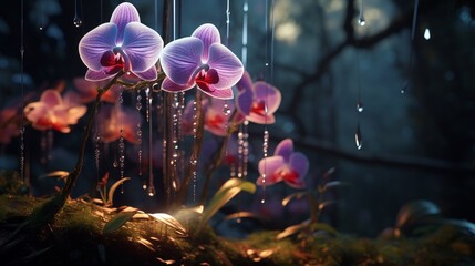 A surreal, Orchid Obscura hidden within a dense, mystical forest, glistening with morning dew,...