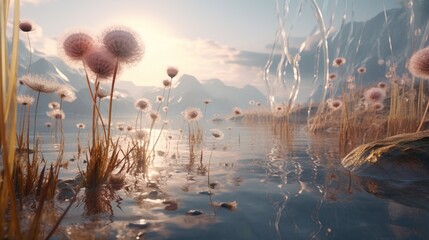 A surreal, otherworldly landscape featuring Diamond Dust Dandelions growing on a crystal-clear, icy...