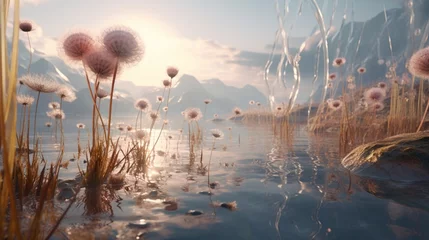 Rolgordijnen A surreal, otherworldly landscape featuring Diamond Dust Dandelions growing on a crystal-clear, icy lake, with the seeds reflecting like jewels. © Anmol