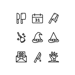 Halloween line icons collection. Bloody knife, Hat, Witch Icon for the celebration on October 31. Creepy Horror Outline Pictogram.Vector illustration. 