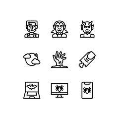 Halloween line icons collection. Vampire, Devil, Zombie Hand Icon for the celebration on October 31. Creepy Horror Outline Pictogram.Vector illustration. 