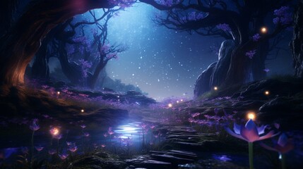 A surreal, starlit night in the Bluebell of Eden, where the flowers emit an otherworldly glow.