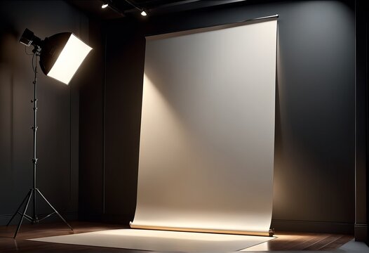 studio photo camera in studio with spotlight studio photo camera in studio with spotlight studio studio lighting with blank canvas and canvas. 3D illustration