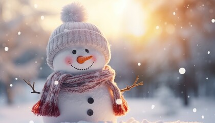 double exposure Festive Snowman with Hat and Scarf in Sunny Snowscape 