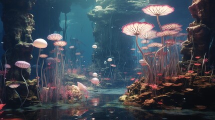 A surreal underwater garden with Opal Lotuses swaying gracefully in the crystal-clear depths,...