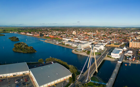 Southport, Merseyside, UK, August 24, 2023; Aerial view of Southport Pier and Marine Lake, Southport Merseyside
