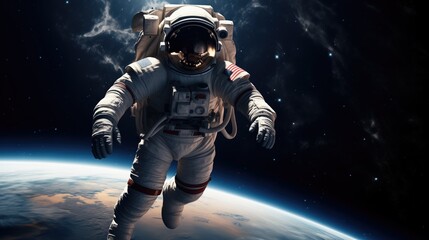 Astronaut in space suit floating amidst stars, showcasing highly detailed textures and reflective surfaces. The sharp, distinct image captures the depth and vastness of infinite space, evoking a sens - obrazy, fototapety, plakaty
