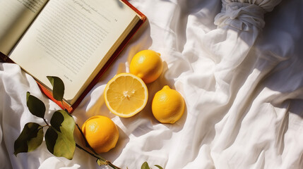 Lemons and open book on a bed with white linen.