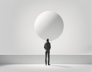 young businessman with big white balloon. mixed media young businessman with big white balloon. mixed media businessman in suit standing with empty space. business idea concept.