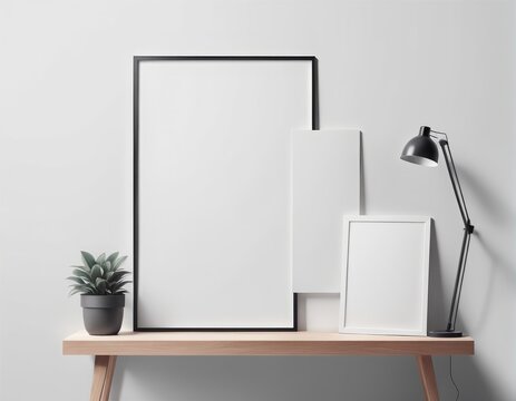 modern workplace with blank white posters and laptop on the table. modern workplace with blank white posters and laptop on the table. blank white frame with modern computer screen and plant on table o