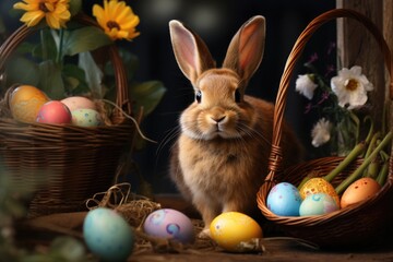 Adorable bunny with Easter colorful eggs on a green meadow
