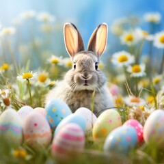 Adorable bunny with Easter colorful eggs on a green meadow