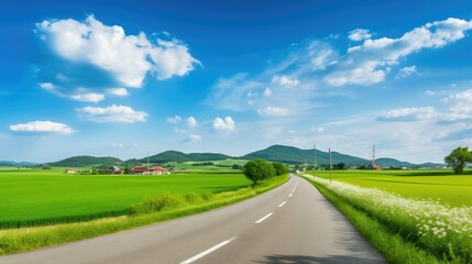 A peaceful countryside road winding through lush green fields with blooming wildflowers under a clear blue sky and fluffy white clouds. Serene and tranquil, it showcases the idyllic beauty of nature