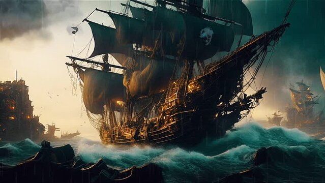 Pirates ship in the sea at night during storm