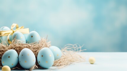 Obraz premium colorful easter eggs in a nest with floral decoration on a paper background with space for printing.