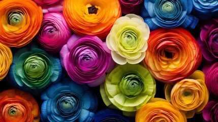 A top-down view of a Rainbow Ranunculus flowerbed, showcasing the symphony of colors in high...