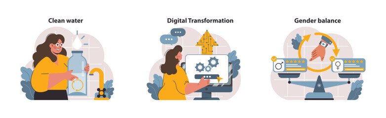 SDG or sustainable development goals set. Global target for better future. Environment protection, social progress and innovative technologies. ESG and CSR. Flat vector illustration