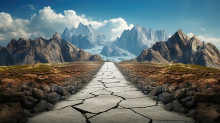 Dramatic perspective of a narrow, winding road splitting between tall mountains. Rough surface with cracks and potholes, offering adventure and challenges. Hyper-realistic and sharp-focus stock image