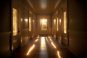 An illuminating artwork of a hallway with both natural light from a window and artificial light through a door. Generative AI