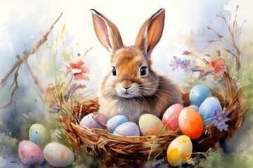 Adorable bunny with Easter colorful eggs on a green meadow