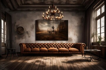 An atmospheric capture of a Canvas Frame for a mockup in an old living room, where a rusted wrought iron chandelier dangles precariously, adding to the room's dramatic aura