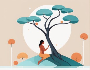 young woman with a tree in the forest. young woman with a tree in the forest. young woman sitting under the branch with a tree and the moon, vector illustration.