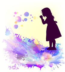 The girl blows soap bubbles beautiful bright abstraction. Vector illustration