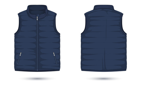 Men's zipper vest mockup front and back view. Vector illustration