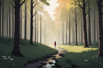 man walking on a green path with a red autumn forest, trees and leaves. man walking on a green path with a red autumn forest, trees and leaves. a beautiful woman walking in a park in the autumn.