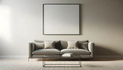 Minimalist Grey Sofa Living Room with Modern White Wooden Floor and Blank Canvas Frame Mockup