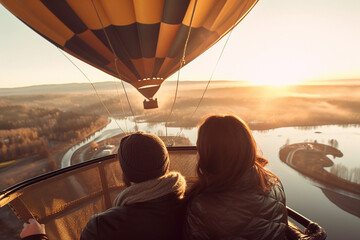 A hot air balloon flying, start of new fun adventure or a travel, landscape, travel with friends - obrazy, fototapety, plakaty
