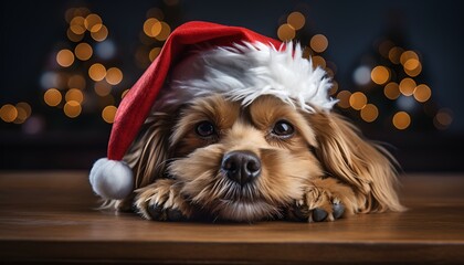 Smiling puppy dog at christmas with a red Santa claus hat