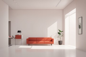 empty living room interior with sofa and white walls, parquet floor and white sofa with sunlight, coffee plant and orange colored home interior. idea empty living room interior with sofa and white wal