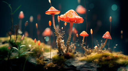 Different types of glowing mystical mushrooms, fantasy mushroom forest with bokeh - obrazy, fototapety, plakaty