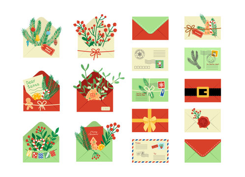 Christmas envelopes. Set of envelopes with stams, Christmas elemtnts, decor. Mail. Vector