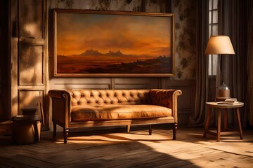 An evocative view of a Canvas Frame for a mockup in an old living room, bathed in the warm, mellow glow of a setting sun, capturing the textures of worn-out furnishings