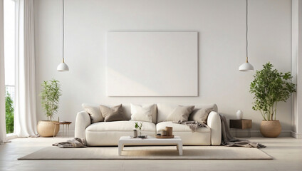 Bellissima soggiorno con divano con colori naturali ed eleganti e cornice vuota sul muro