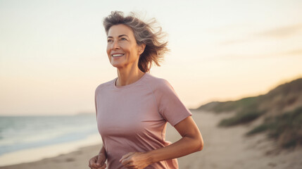 fit and happy middle aged woman running on the beach - 40s or 50s attractive mature lady with grey hair doing jogging workout enjoying fitness and healthy lifestyle at beautiful sea landscape