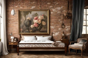 A Canvas Frame for a mockup resting against an  brick wall, contrasting with the Victorian furnishings and chintz curtains of an old styled bedroom.