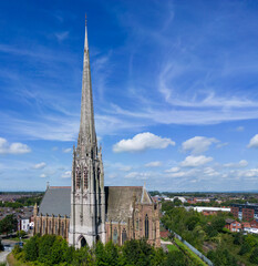 Preston, Lancashire, UK, September 03, 2023; Aerial Panoramic View of the 94m High Spire of the...