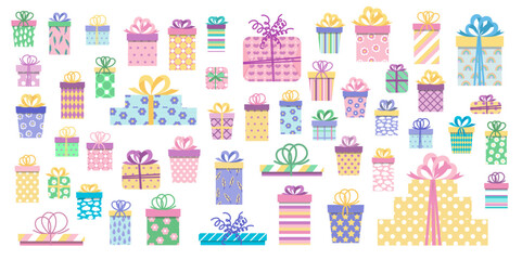 Set of colorful gift boxes. Present box with stripes, polka dots, checks, hearts and bows. Flat, cartoon, vector