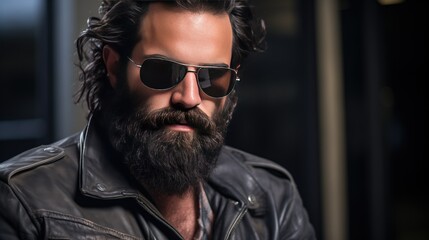Fototapeta premium Suspicious man with scruffy beard, worn-out leather jacket, aviator sunglasses, and nervous eyes. Close-up shot capturing his suspicious behavior and appearance.